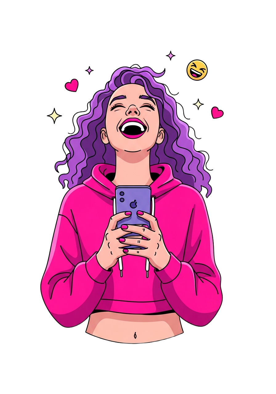 Picksy fan with curly purple hair, laughing while holding her phone