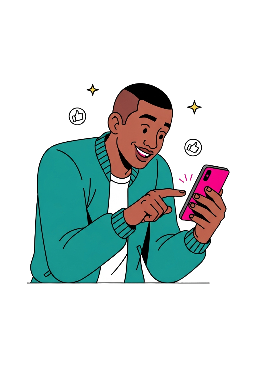 Picksy fan in a teal jacket pointing excitedly at his phone