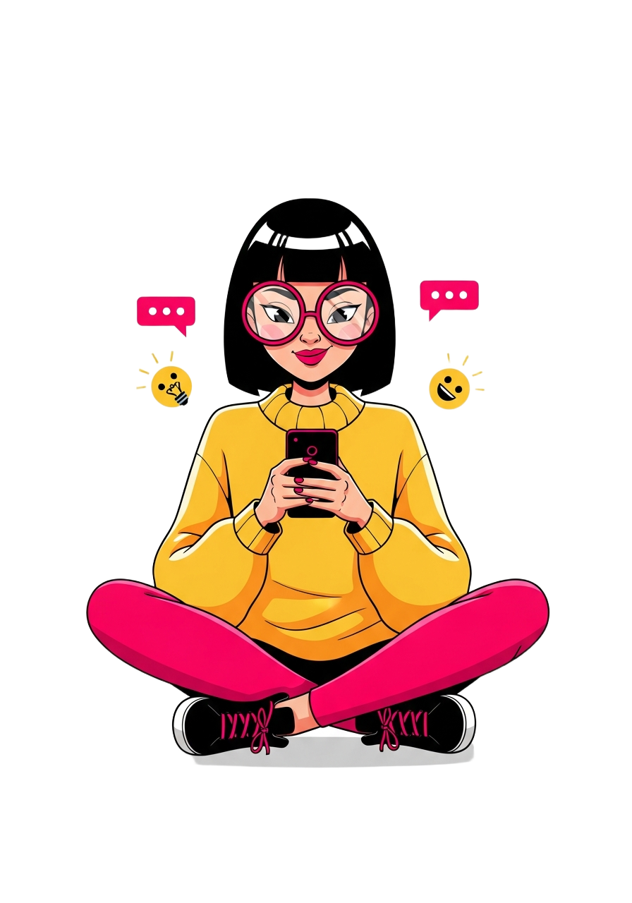 Picksy fan in a yellow sweater texting with a smile